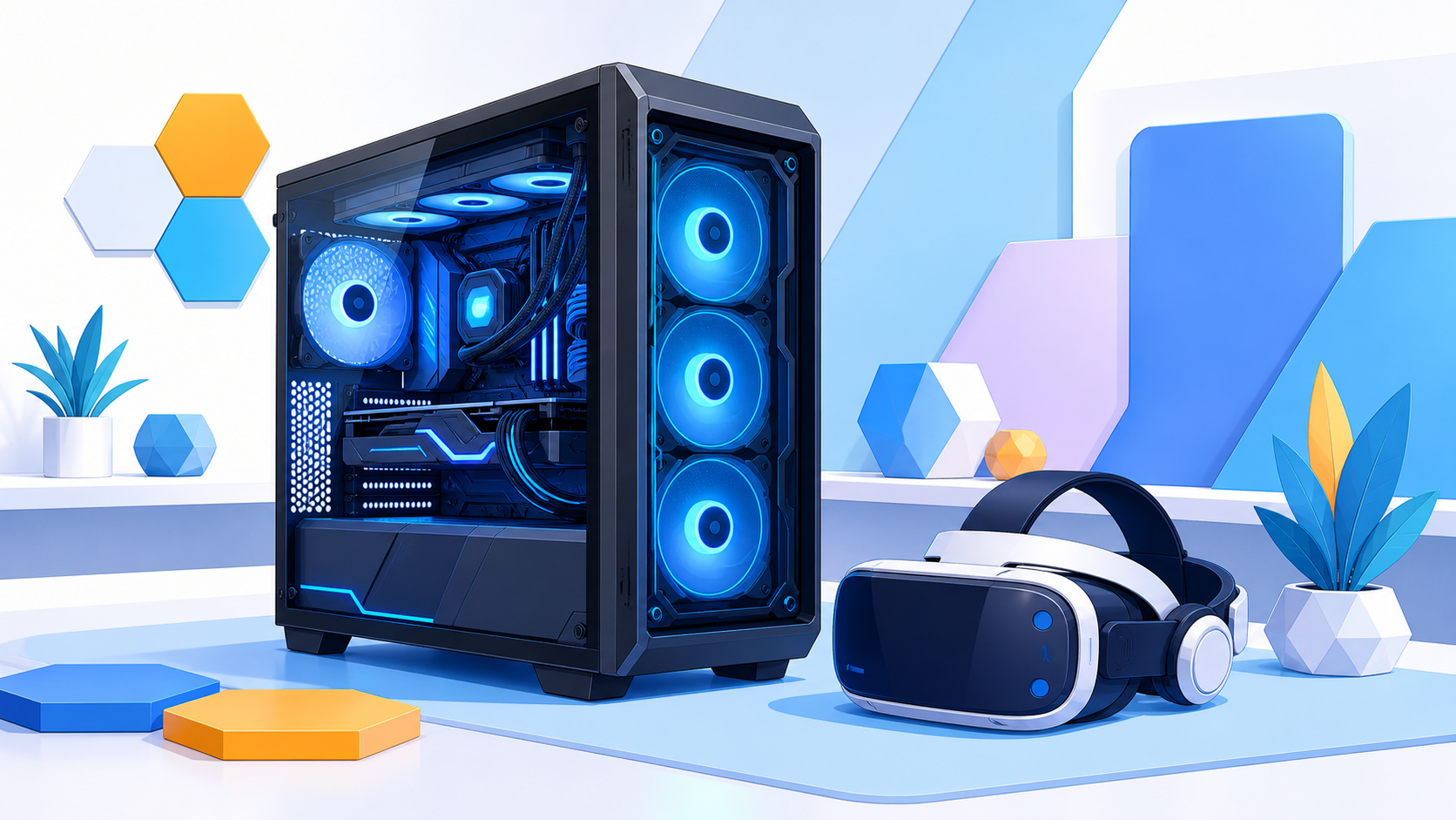VRChat向けBTO構成をエントリー・ミドル・ハイの3予算帯で比較し、ブランド・GPU・メモリ・目安価格を並べたパーツ比較イメージ