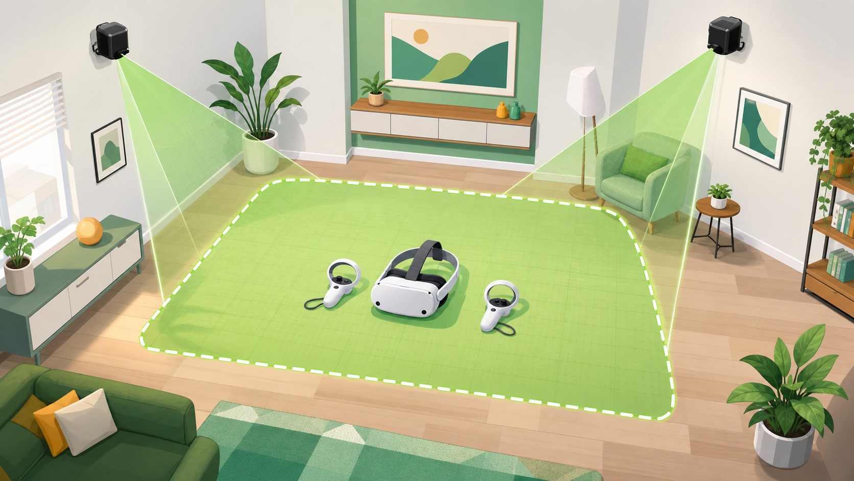 VRChatの酔い対策を移動方式・フレームレート・IPD装着・環境の4要因に分け、各設定の酔い軽減効果とトレードオフを段階で示した影響度マップ